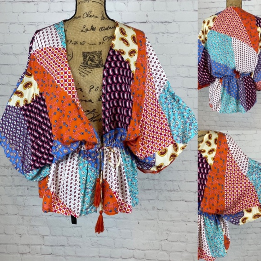 Patchwork Print Open Front Drawstring Tassel Ties Kimono